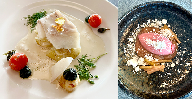 Ångkokt torskfilé med vitvinssås smaksatt med bland annat maskros, finns på menyn. Desserten består av rabarberkräm, jordgubbsglass och inkokt rabarber.